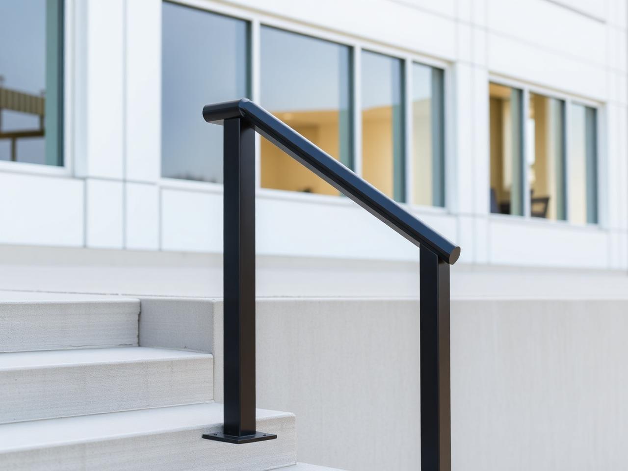 Illustrative example of a black metal handrail at a commercial building entrance