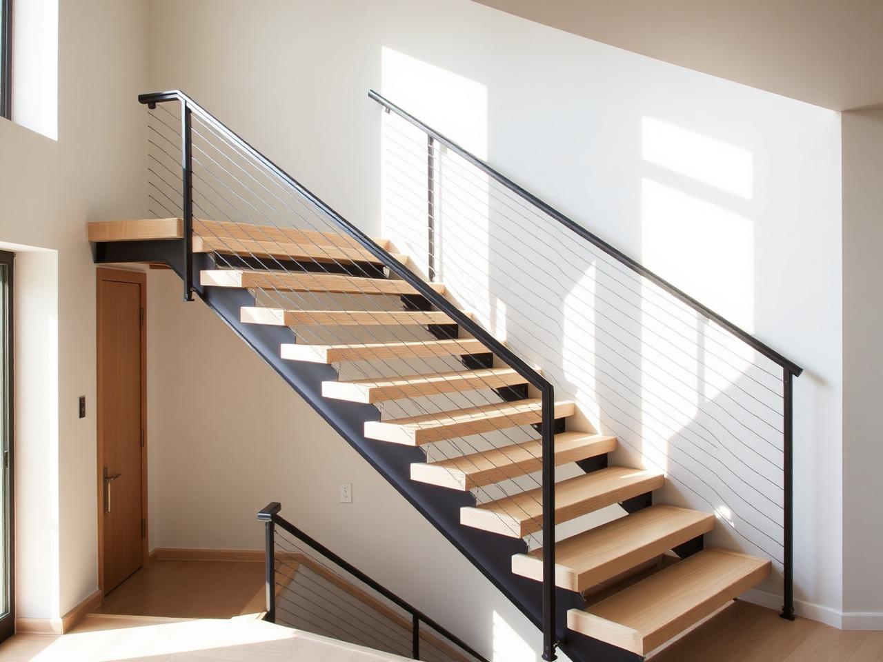 Illustrative example of an interior steel stair system with cable railings