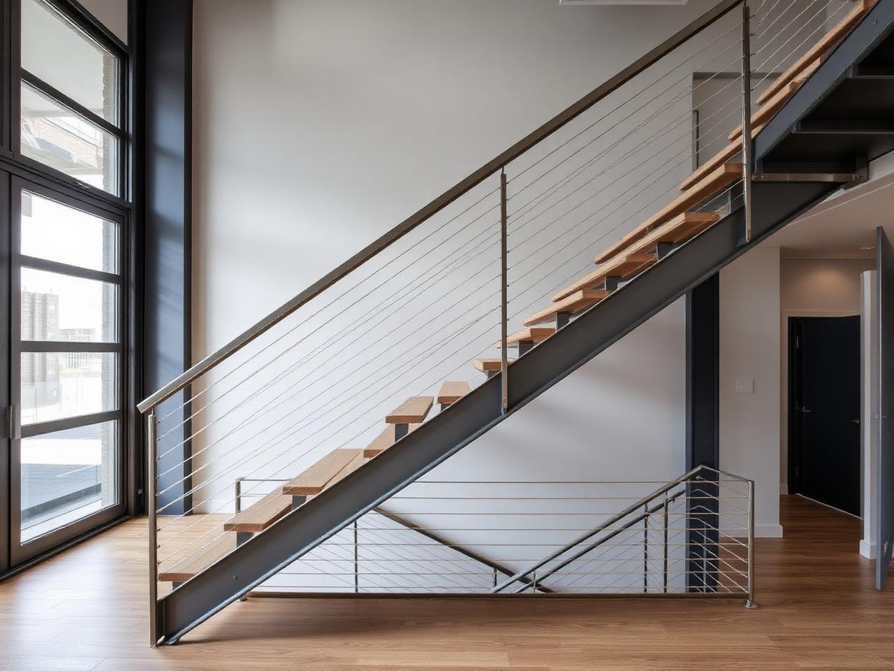 Illustrative example of a fabricated steel staircase with horizontal cable railings